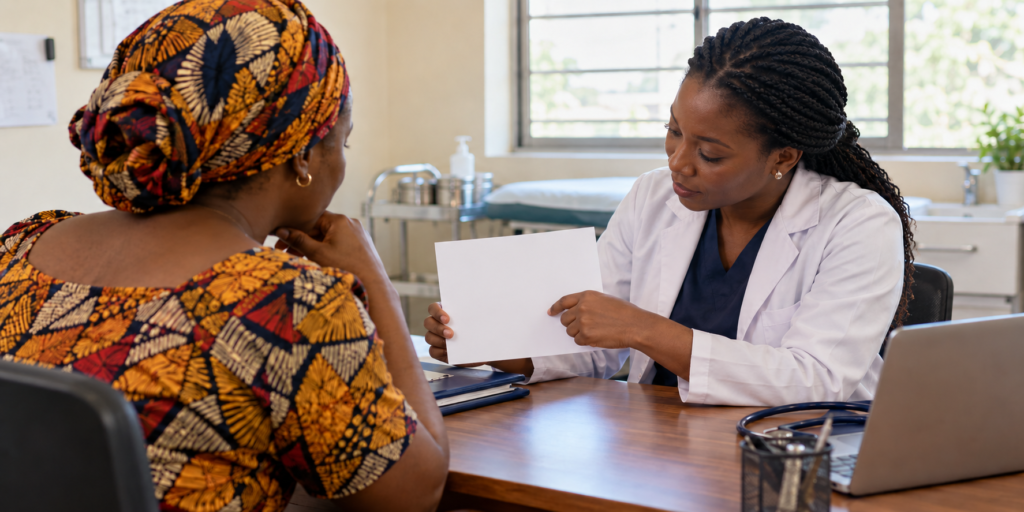 Illustrative image of a clinician discussing fibroid surgery options with a patient in a consultation room